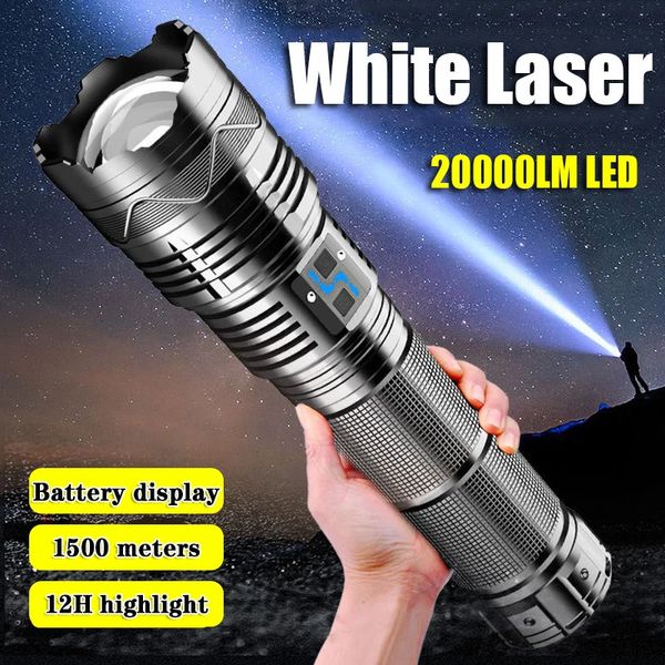 Flashlight laser bianco ad alta potenza Spotlight LED super luminoso Spotlight Long Range Torch Zoom Emergenza esterno con indicatore della batteria240325