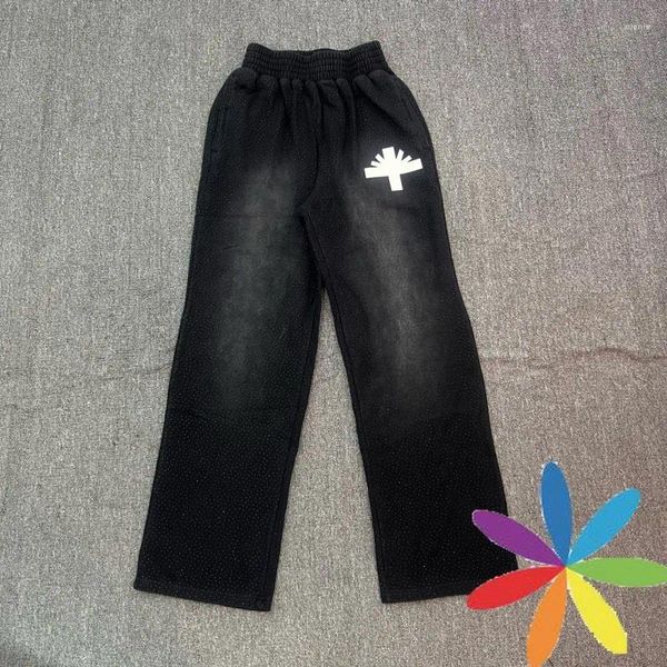 Calças masculinas Fasão Diamantes tingidos de rua de rua altos vertabrae Sweatpants Homens Mulheres Black Casual Jogger Sweat Terry Troushers