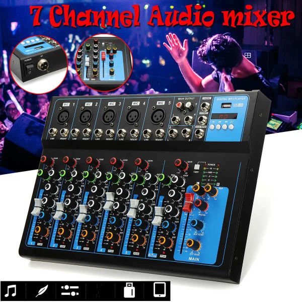 Equipamento 7 canais Mixer de som de áudio Mistura de DJ Console USB com 48V Phantom Power Monitor para entrada