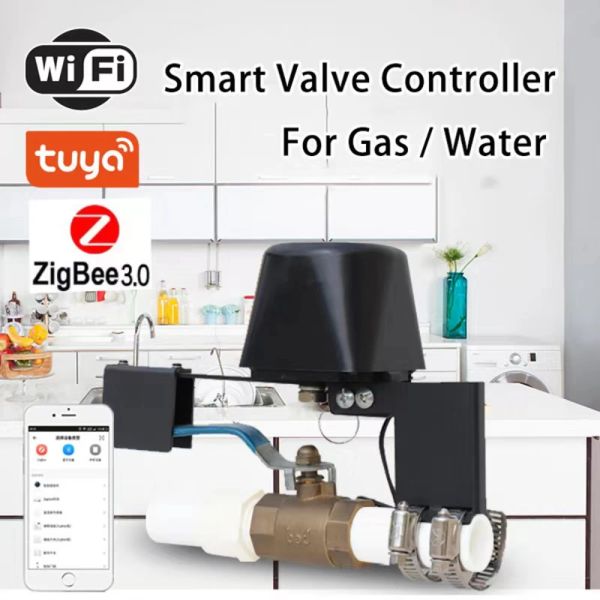 Detector Tuya Smart Valve Wi -Fi/Zigbee Smart Valve Controller para Water Gas Auto Desligado na válvula Off Works com Alexa Yandex Google Home