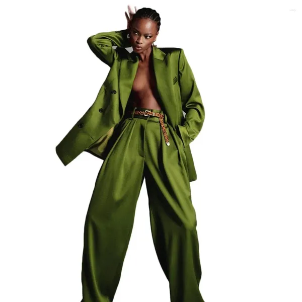 Pantaloni da due pezzi da donna Avocado Green Satin Donne si adatta a 2 pezzi/festa casual di moda da donna cappotto a largo gamba fatti su misura