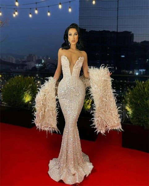 Abendkleider mit Wrap Feather Schatz Glitzer Pailletten Perlen Mermaid Prom Kleider Custom Made Slim Foraml Robe de S7741784