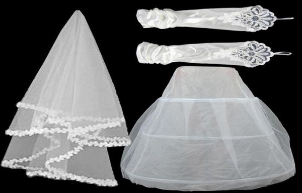 3 in 1 Set Neues Hochzeitskleid Spitze Brautschleier in Stock Satin Gaze Handschuhe Petticoat dreiteils Braut Accessoires6624832