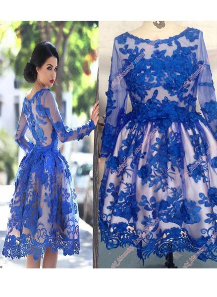 Stokta Kraliyet Mavisi Balo Elbiseleri Uzun Kollu Diz Uzunluğu 3D Çiçek Aplikler Resmi Arap Elbiseler3842556