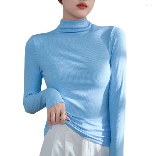 Camisetas femininas Turtleneck branco Top Mulheres 2024 Moda de primavera Slim Fit Treht Ritbed Camiseta Y2K Pullovers de manga longa sexy