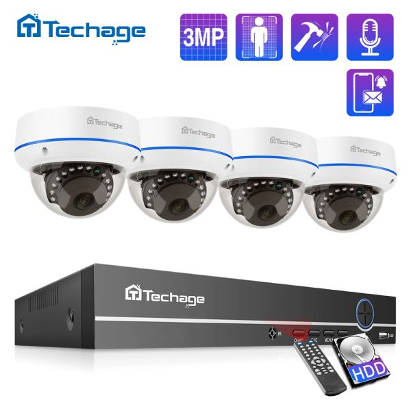 System Techage H.265 HD 3MP 8CH DOOM POE Kamera Sistem Sesli Kayıt Vandopof IP Kamera Kapalı CCTV Video Güvenlik Gözetim Kiti