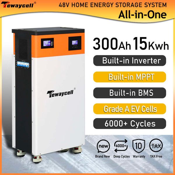 Tewaycell tudo em um 48V 300AH 15KWH Powerwall 51.2V LIFEPO4 Bateria interno de 5kw Inverter Sistema de energia solar EU Sem imposto