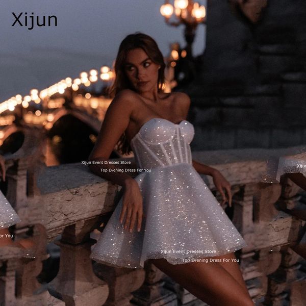 Xijun Glitter Gelinlik Tweetheart kolsuz balo Tül Kısa Mini Gelin Gowns Gelin Cüppeleri Vestidos De 240329