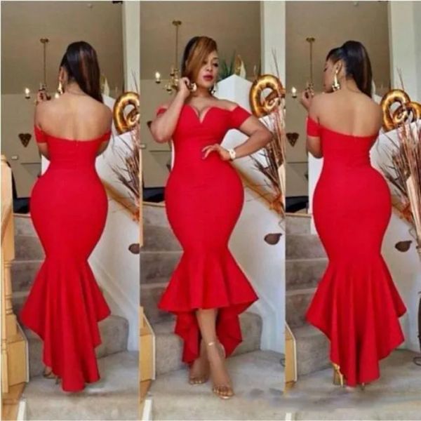 Kleider afrikanische Plus -Größe rote Abschlussballkleider sexy Off Schulter Meerjungfrau hohe niedrige Abendkleider Rückenfreies billiges formelles Partykleid für Frauen