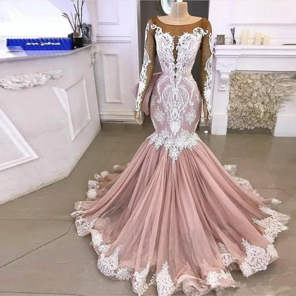 Abiti Abiti da sposa sirena rosa vintage Blush con manica lunga 2020 alette di pizzo in pizzo applique abito da sposa da sposa vestido de n