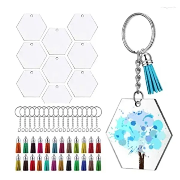 Keychains 90pcs Discos transparentes acrílicos HEXAGONCHANCHAIN CHARMS E TASSEL PENDANTES CAirando com corrente para artesanato de bricolage