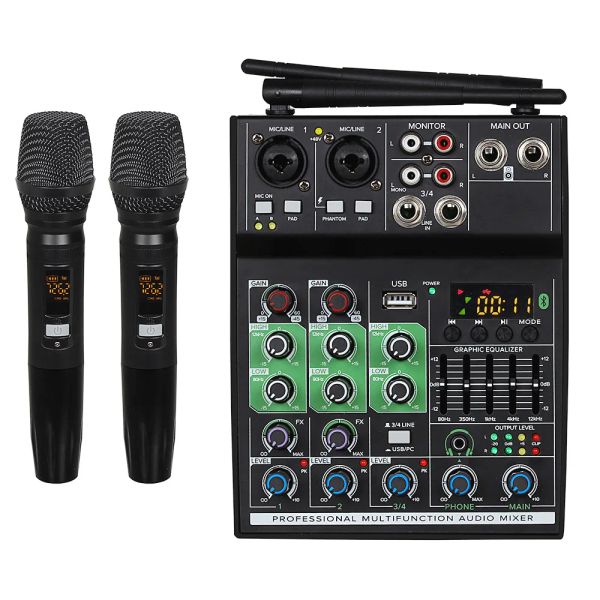 Accessori GT4 4 canali mixer audio con1 trascinare 2 microfoni wireless console di miscelazione con effetto bluetooth USB per chitarra per PC karaoke DJ