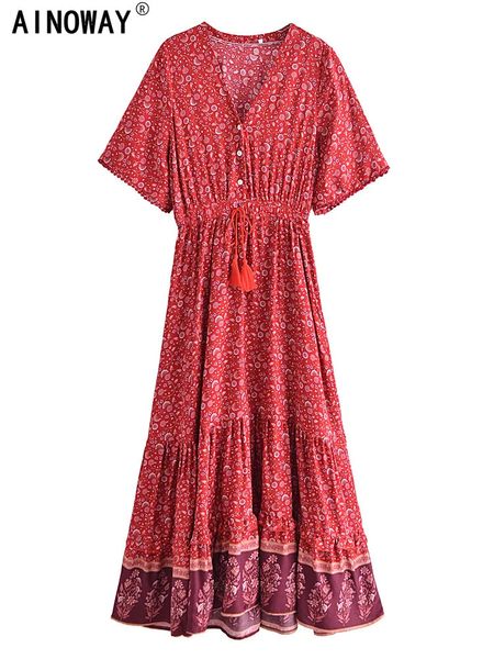 Moda chique vintage feminina estampa floral vneck rayon praia bohemian maxi vestido senhoras v pescoço borla de verão boho vestes 240323