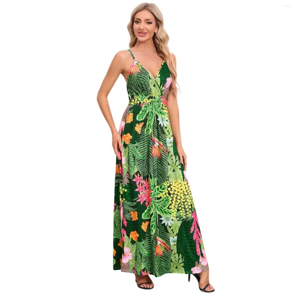 Sıradan Elbiseler Plaj Askı Elbise Kadınlar 2024 Yaz Boho Tropikal Baskı Robe Seksi V-Neck Görünen Sling Tatil Sundress Vestidos