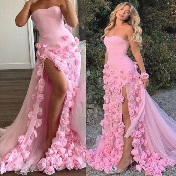 Ebi Blumen ASO Pink Eine Linie Abschlussball Kleid Tulle High Split Abend Formale Party zweite Rezeption Die Geburtstags -Verlobungskleider Kleider Robe de Soiree zj es