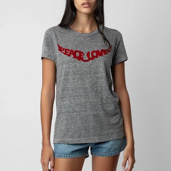 Damen T-Shirts 2024 Frühspringflügel-Flügel-Druck grauer Frauen rundes Hals kurzärmeliges T-Shirt