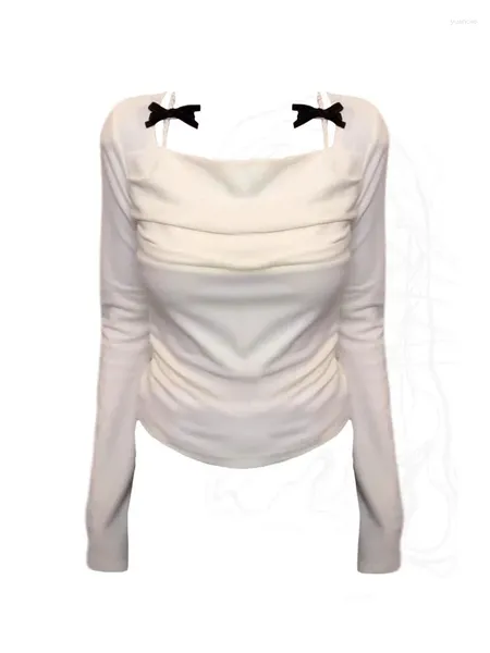 Frauen T-Shirts Preppy Style Chic Square Kragen T-Shirt Korean Luxus Casual Bow Tees Mode Langarm BEIGE Mori Girl Crop Top Frühling