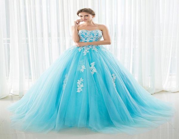 2021 Ballkleid Prom Kleider Lange Tulle Puffy Quinceanera Kleider Vestidos 15 Anos weiße Spitzen Applikationen Süß 16 Kleider Debütant 5213122