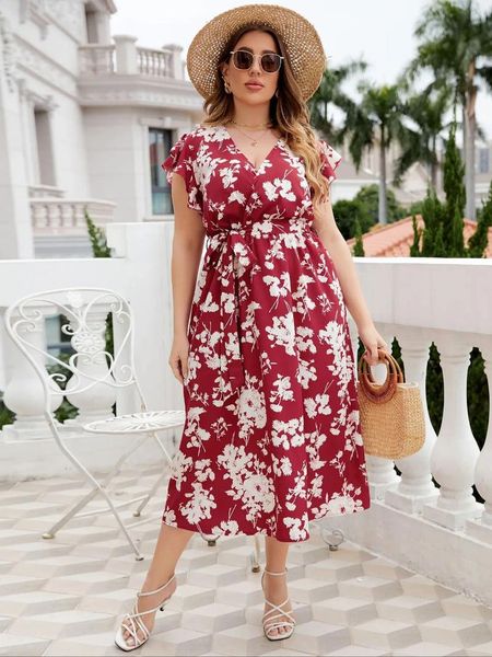 Vestidos de tamanho grande mulheres com estampa floral com manga borboleta elegante maxi vestido boho verão v pescoço na cintura alta férias