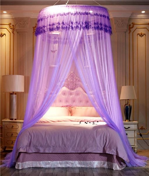 Nobili viola rosa matrimonio rotondo in pizzo ad alta densità reti da letto principessa tende cupola a baldacchino reti di zanzare SW7649361