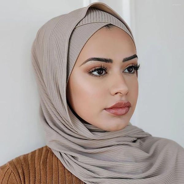 Шарфы 2pcs/Set Ribbed Jersey Hijab с Cross Undercap сплошной полосы шали для женщин мусульманс