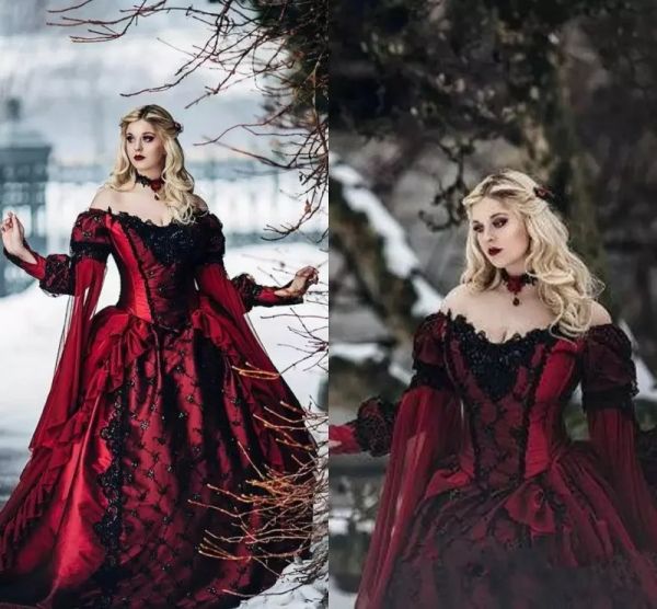 Vestidos beleza adormecida princesa medieval vermelho e preto vestido de noiva gótico de mangas compridas apliques de renda vitoriana vestidos de noiva personalizados loucos