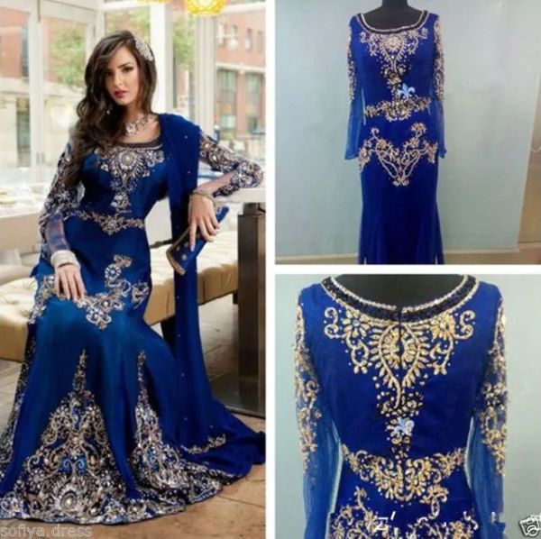 Abiti marocchini kaftan blu royal ballo abiti abaya abiti da sera a maniche lunghe musulmane con chiffon destra