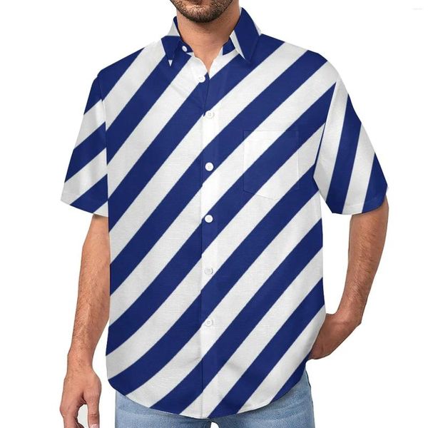 Herren lässige Hemden Marine Blue White Nautical Lose Hemd Mann Urlaub diagonale Streifen Kurzarm Streetwear Übergroße Blusen