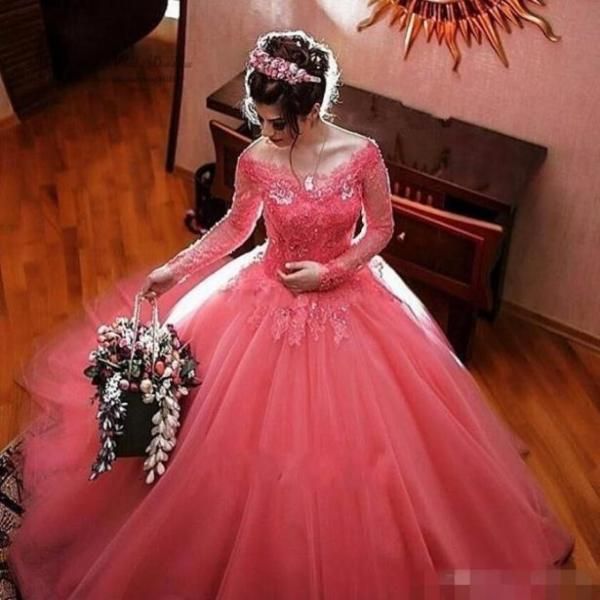 Mütevazı Karpuz Uzun Kollu Quinceanera Kapalı Omuz Dantel Tül Bal Balo Balo Zarif Tatlı 16 Prom Dress9009915