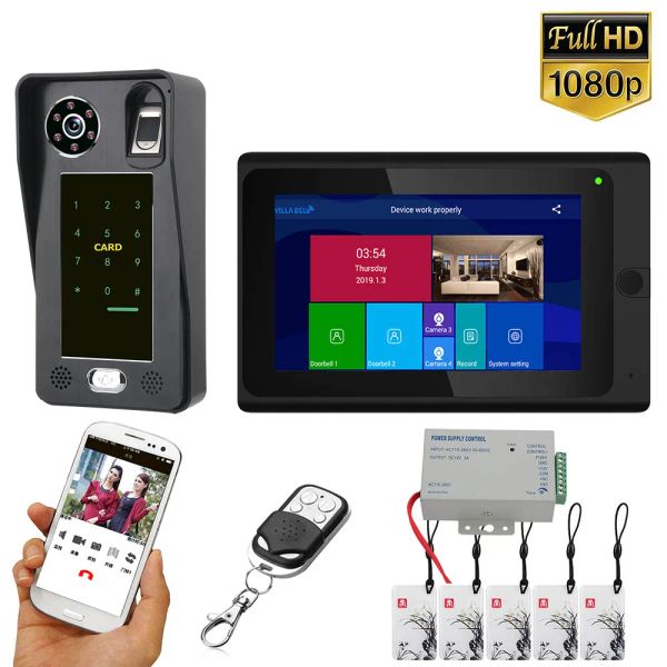 Türklingel 7 Zoll WiFi drahtlosen Fingerabdruck IC -Kartenvideor -Telefon -Türklingel -Gegensprechanlage mit kabelgebundenem AHD 1080p Door Access Control S