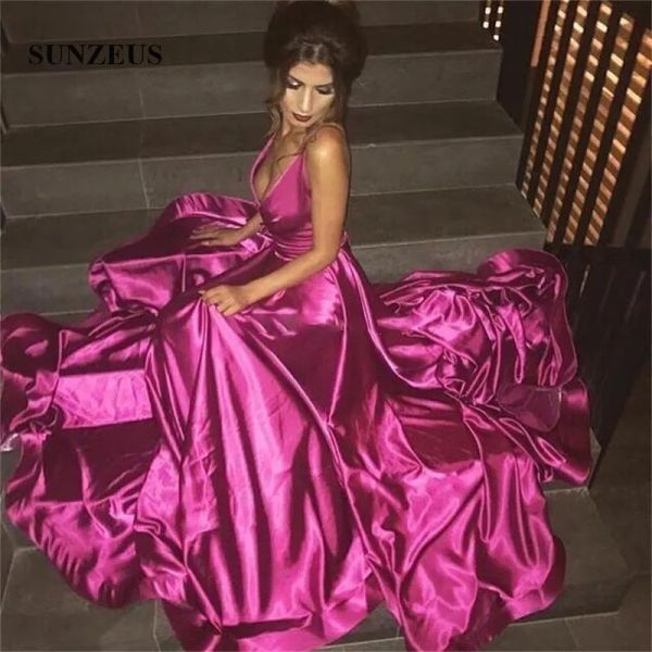 Elbiseler Fushia Deep V Neck Prom Elbiseler Seksi Spagetti Sırtsız Gece Elbise Saten Süpürme Treni Resmi Parti Elbise Ucuz Vestidos