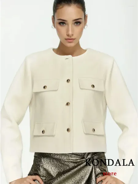 Женские костюмы Kondala Vintage White Short Blazer Женщины с длинным рукавом карманы золотые пуговицы мода 2024 густые теплые женские изрывы