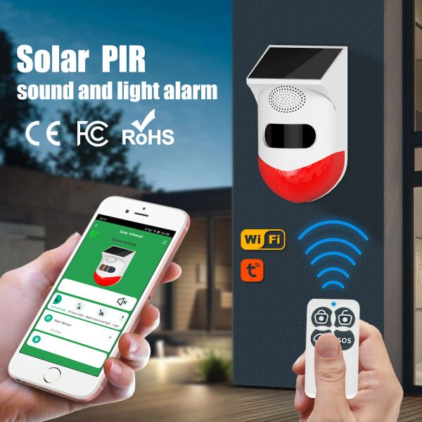 Fita Smart Tuya Wi -Fi OUTRONTO SOLAR PIR ALARMENT ALARMENTE Sirene sem fio Sirene Segurança de ladrão à prova d'água STROBE Sirene App Controle remoto