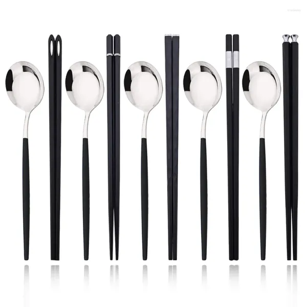 Set di stoviglie da 10 pezzi da viaggio portatile in argento nero set di posate per posate cucchiaio cucchiaio in acciaio inossidabile stoviglie coreane di lusso coreano