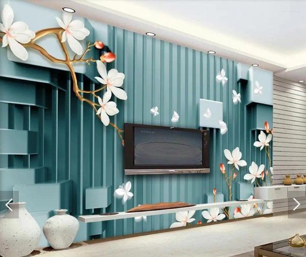 Papéis de parede Magnolia Flower Butterfly Armazenamento de Wallpaper Mural Decoração Decoração Home Pintada Mura Murais de Papel 3D 3D