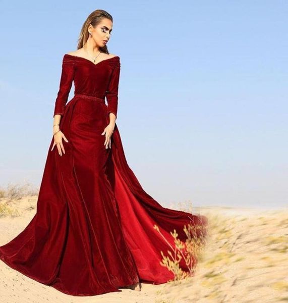 Velvet rosso scuro fuori spalla sirena da sera sirena Vievette lunghe Plus Abito da ballo arabo saudita Dubai Vestidos4256199