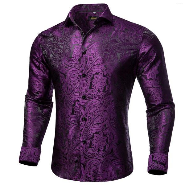 Camisas de vestido masculinas Casual de seda de seda de luxo para homens Blusa de manga longa Prom Tuxedo Roupas de Designer Paisley Purple Purple