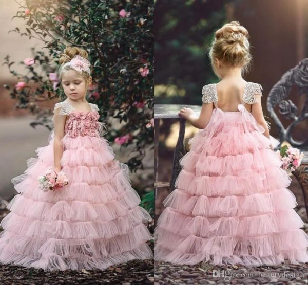 Vestidos bonitos de garotas rosa camadas de cupcake flor menina vestidos 2018 novas mangas de tampa de renda de rosa saia tutu longa concurso formal Party g g