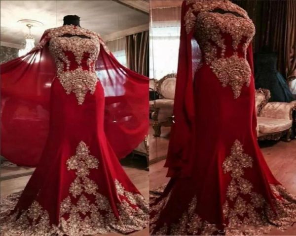 Bescheidene Spitze dunkelrot rot arabisch Dubai Abendkleider Schatz Perlen Mermaid Chiffon Indische Abschlussballkleider mit einer Umhang -formelle Party 5389732