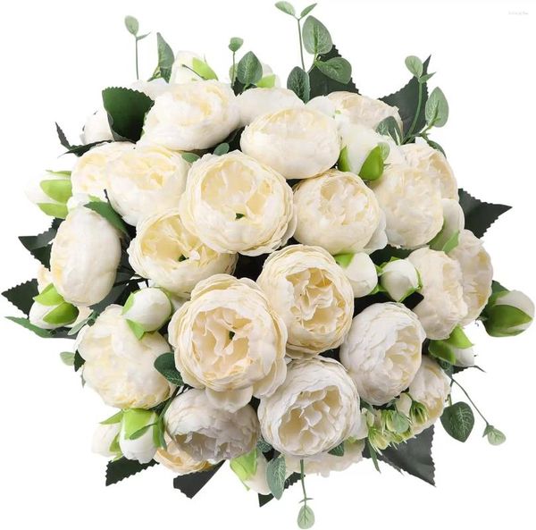 Flores decorativas 4 Pacote pequeno marfim de marfim de peônia artificial (20 cabeças) buquê de casamento falso de seda com hastes