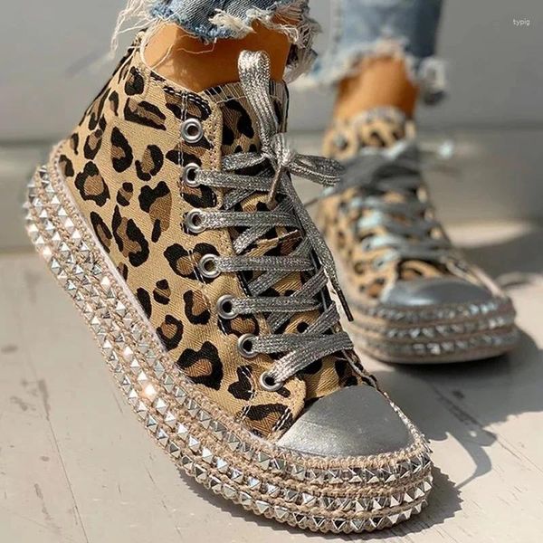 Scarpe casual Donne Sneaker Leopard Rivets Tela Leisure Lace-up a bassa cesto alto Fema