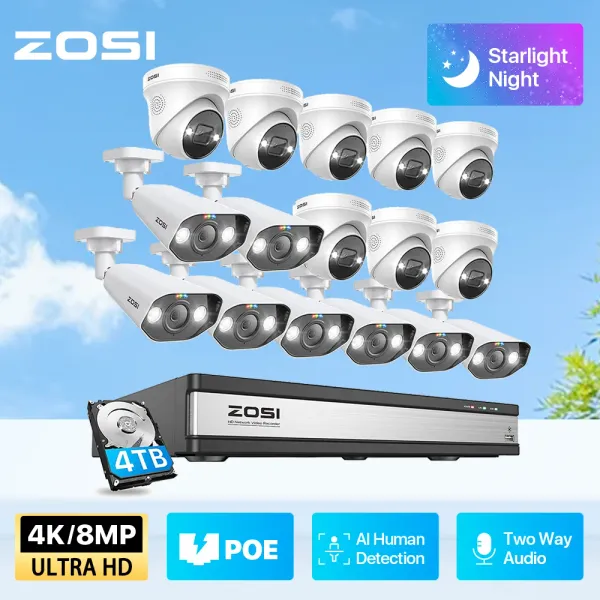 System Zosi 4K -Überwachungskamera -System 16Ch H.265 Ultra HD 8MP NVR Kit Twoway Audio 8/12/16 PCS POE IP -Kameras Set AI Human Detection