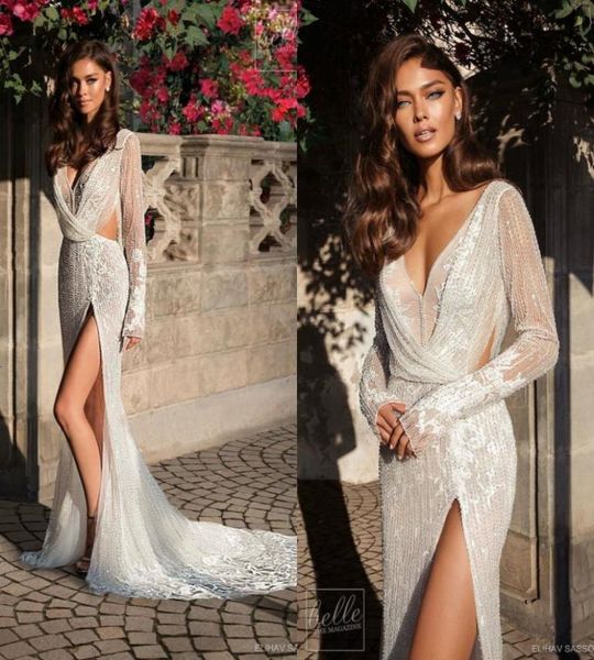 Elihav Sasson Meerjungfrau Brautkleider Oberschenkel hoher Spitz -Spitzenperlen Langarm Strandkleid sexy Boho -Brautkleider PL6995389