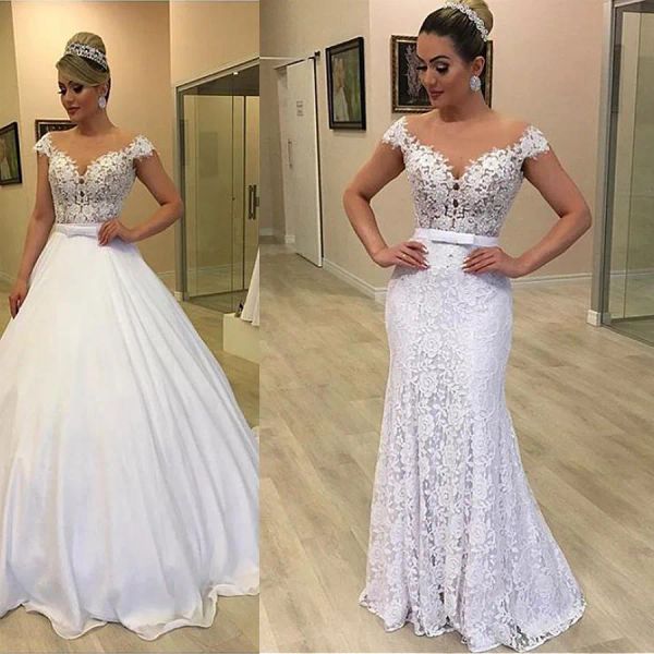 Vestidos colher pérolas curtas pérolas vestidos de noiva de renda vestidos de noiva, vestido de bola de trem destacável e vestidos de casamento de sereia plus size