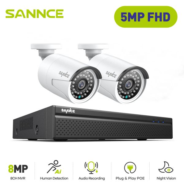 Sistem Sannce 8CH 5MP POE HD Video Gözetleme Kamera Sistemi H.264+ NVR 2x 5MP IP Kameralar Dış Mekan Su Geçirmez Güvenlik NVR Sistemi