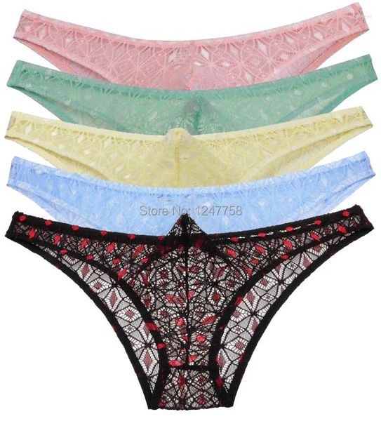 UNDANTANT 5 PCS/LOT ERKEK BRIES Sheer Rhombus erkek dantel iç çamaşırı See-Through Pouch Bikinis Mini Pantolon