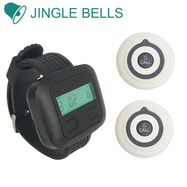Aksesuarlar Jingle Bells 433MHz Kablosuz Arama Sistemi Uzun mesafeli 2 düğmeli 1 İzle Çağrı Cihazı Alıcı Restoran Hastane Klinikleri