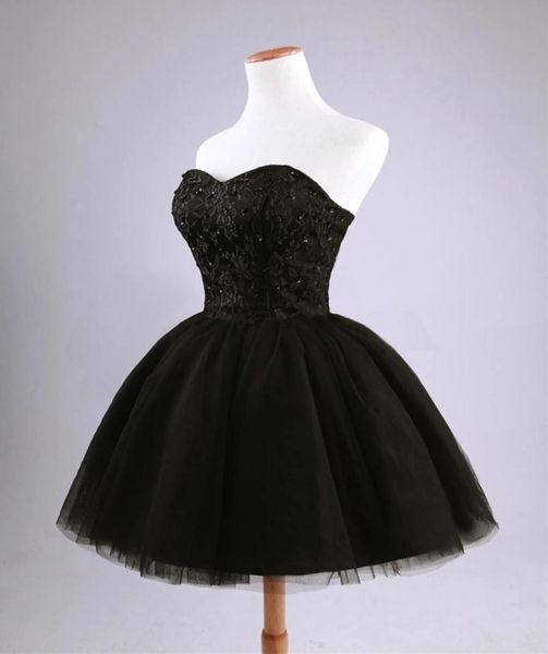 Schwarz Mini Short Tulle Party Kleider ziemlich trägerlose Perlen Schnürung Rücken kurzer Heimkehrkleid süße 16 Kleider9976189