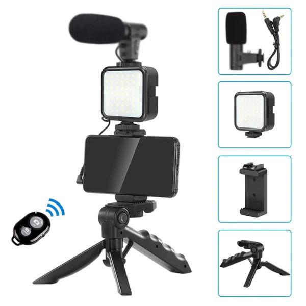 Monopods Smartphone Video Kit de vídeo Microfone Suporte de iluminação por telefone LED LED Selfie Tripod Recording Handle Stabilizer portátil