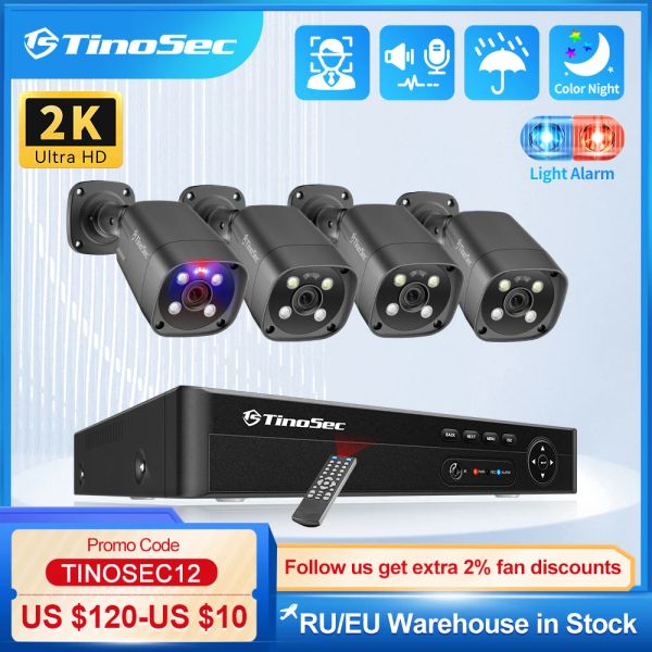 Sistema TINOSEC H.265 8CH NVR 4MP Segurança Sistema de câmera IP Face Detect Face Bullet ao ar livre AI Câmera 2way Audio Color Night Vision P2P CCTV